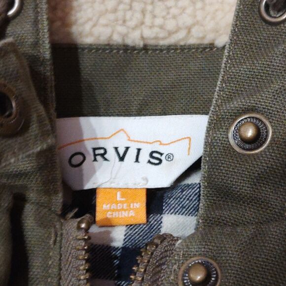Vintage Orvis Jacket Men's L Green Snap Button Fleece Hooded Fishing Cargo - Picture 2 of 8